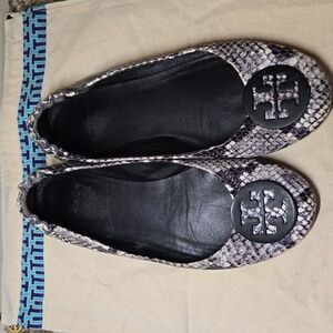 Tory Burch Minnie Travel Ballet Flats gray black snakeskin